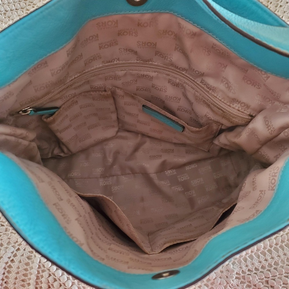 Michael Kors Hobo Bag Womens Large Turquoise Leather Shoulder Purse Brookville - Picture 7 of 10